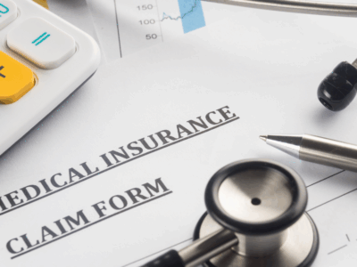 Close up of medical insurance claim form with stethoscope and calculator