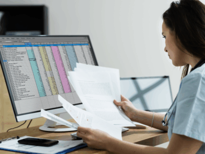 Medical coder at desk with desktop showing coding and charge entry