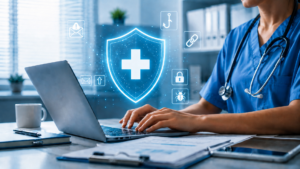 Gryphon Healthcare - Healthcare professional using a laptop representing healthcare phishing awareness and data protection.