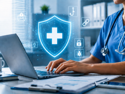 Gryphon Healthcare - Healthcare professional using a laptop representing healthcare phishing awareness and data protection.