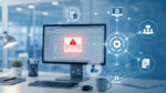 Phishing email alert on a healthcare billing workstation with connected revenue cycle workflow icons.