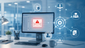 Phishing email alert on a healthcare billing workstation with connected revenue cycle workflow icons.