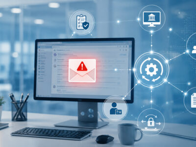 Phishing email alert on a healthcare billing workstation with connected revenue cycle workflow icons.